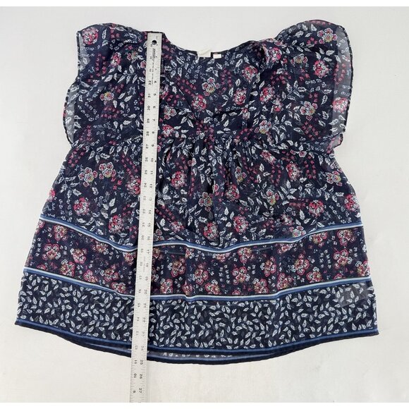 GAP Tie Neck Sheer Chiffon Blue Floral Flutter Sleeve Blouse Sz L Preppy Boho - Picture 7 of 8